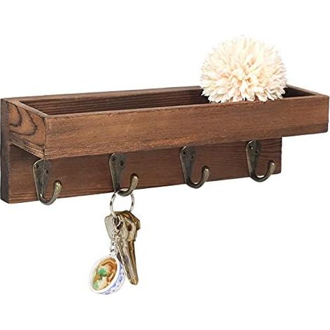 10 Inch Storage Organizer with Hooks for Home Decoration and Display Wall Mounted Floating Shelf Key Holder with 4 Metal Key Hooks for Living Room Bedroom Bathroom (1/5)
