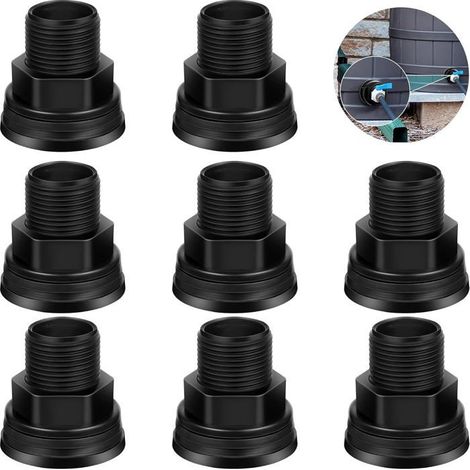 8 raccords cloison PVC, filetage mâle 3/4" et femelle 1/2", noir, pour récupérateurs d'eau de pluie, réservoirs et piscines