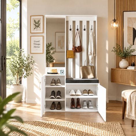 Meuble d’entrée 100 x 40 x 180 cm avec porte-manteau, Banc à chaussures, Rangement chaussures et crochets, Vestiaire moderne, Blanc (1/5)