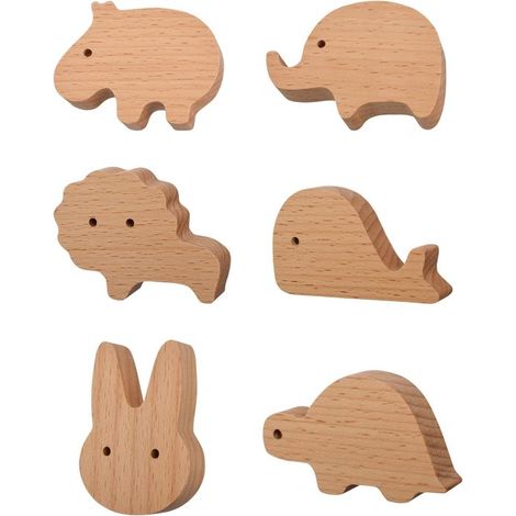 Poignées en bois de hêtre en forme d'animaux sauvages (lapins, hippopotames, tortues, lions, baleines, éléphants) pour la décoration de chambres d'enf (1/5)