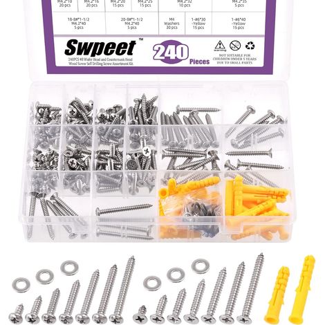 Lot de 240 vis autotaraudeuses rapides pour cloison sèche en acier inoxydable 304 avec rondelles plates et cloison sèche Ancre (1/5)