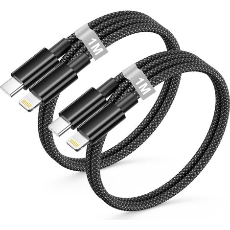 Cable iPhone Lightning 1M Lot de 2, [Certifié MFi]Cable USB C vers Lightning Fil Tressé en Nylon Cordon cable chargeur iPhone Charge Rapide pour iphone 14 13 12 11 Pro Max/X/XS/XR/8/7/6/5,iPad,AirPods (1/5)