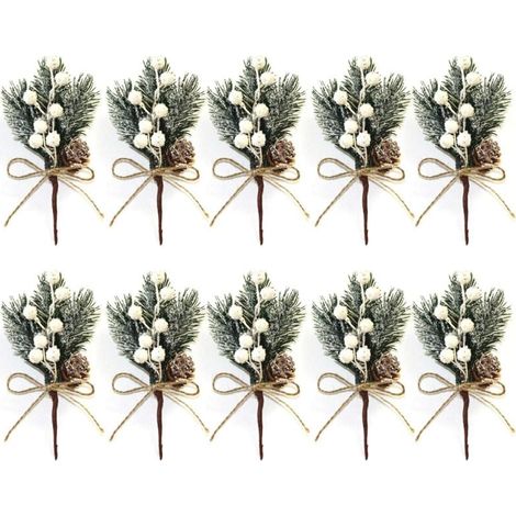 Lot de 10 petites tiges de baies de Noël artificielles blanches de 15 cm avec pommes de pin, houx, fleurs de Noël pour couronnes de Noël, décoration de vase d'intérieur (1/4)