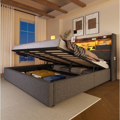 Bett Doppelbett Stauraum 140x190 Leinen Grau OKMYHOME (1/5)