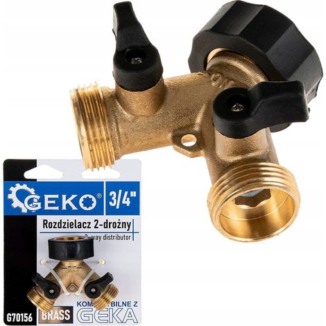 Distribuidor de grifos de 2 vías GW3/4" x 2 GZ3/4" con válvulas de bola Geko (1/4)