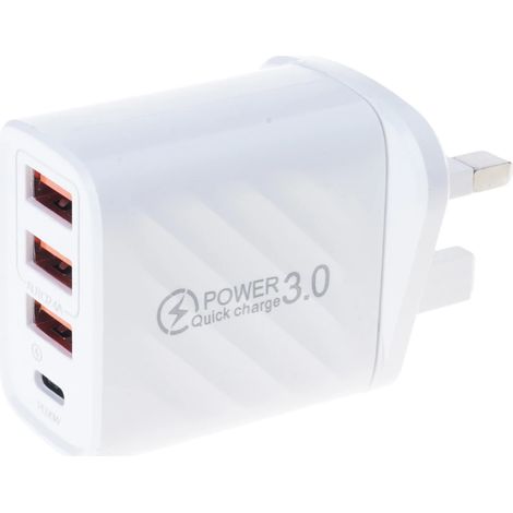 Chargeur mural rapide 4 ports 3.0 avec port USB-C pour smartphones et tablettes. Idéal pour les voyages et la maison.