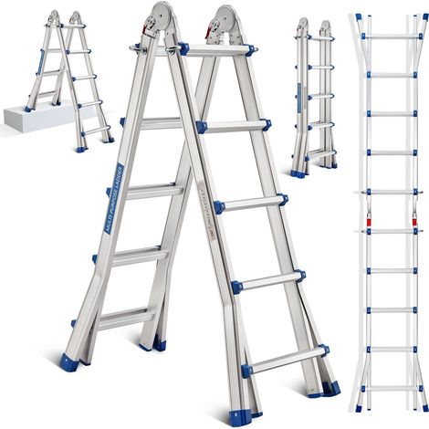 Stanew – Échelle télescopique en aluminium 5.1m – 4 x 5 marches – Charge max 150 kg – Pour chantiers humides et espaces confinés (1/5)