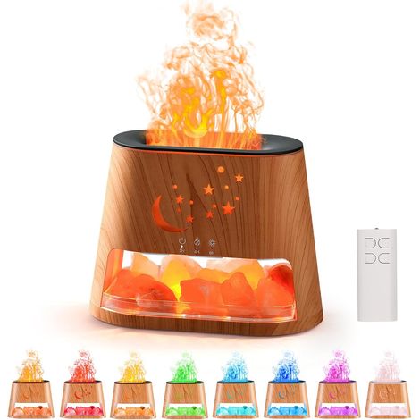 Diffuseur d'huiles essentielles ultrasonique 2-en-1, humidificateur d'air d'aromathérapie avec effet flamme 8 couleurs, humidificateur à brume froide avec fonction d'arrêt automatique et roche de sel (1/5)