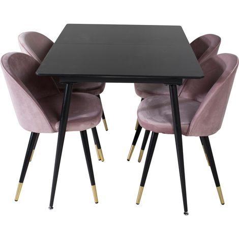 SilarBLExt Essgruppe Esstisch Ausziehbarer Tisch Länge cm 120 / 160 schwarz und 4 Velvet Esszimmerstühle Velour pink, schwarz, Messing dekor.