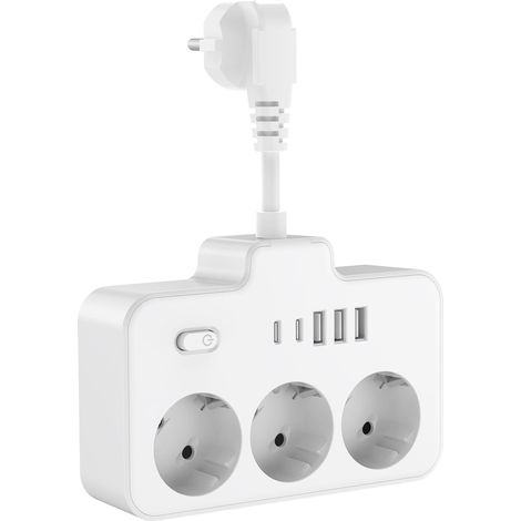 Extenseur de Prise Multiprise EU, 3 Prises + 5 Ports de Charge USB (2 USB-C), Adaptateur Électrique Rotatif avec Câble Court, Chargeur Mural Compact pour Voyage, Maison, Chambre d'étudiant (1/5)