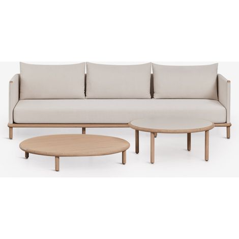 SKLUM Gartenset mit 3-Sitzer-Sofa und 2 runden Couchtischen aus Akazienholz Olivia Hellbraun Akazie – Weiß Gardenie             Helles Akazienbraun                     