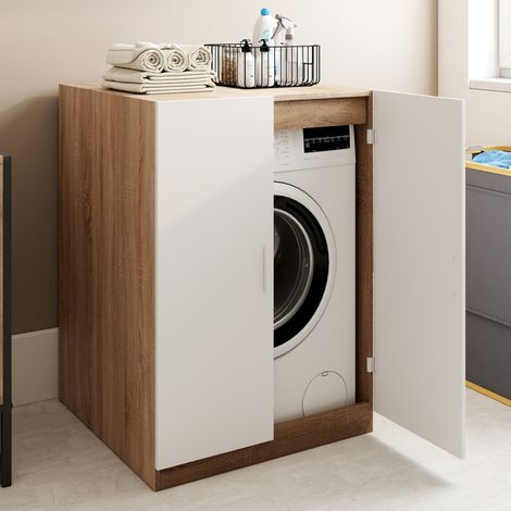 Armario para lavadora con puertas WALLIS en blanco y madera efecto haya