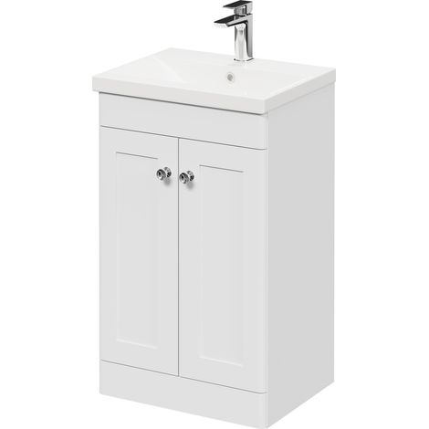 Wholesale Domestic Danbury Satin White 500mm Floor Standing Vanity Unit with 1 Tap Hole Modern Basin and 2 Doors with Polished Chrome Handles (1/5)