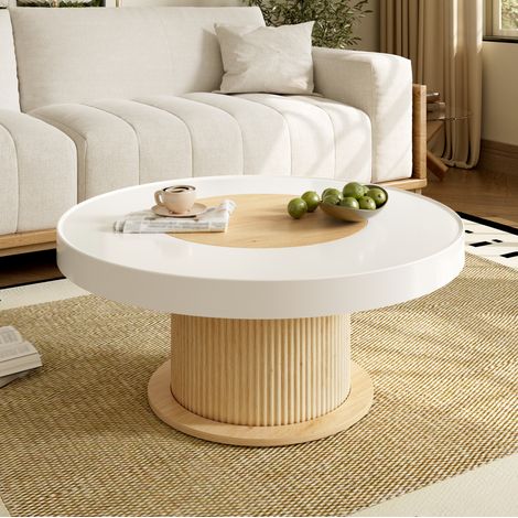 Mesa de centro redonda (75x75x39 cm), tablero bicolor, base cilíndrica acanalada, MDF y PVC, natural y blanco (1/5)