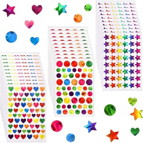30 Feuilles Gommettes Autocollantes, Stickers Autocollants pour Enfants, Coeurs Étoiles Pois Autocollants Colorés, pour Scrapbooking Activités Manuelles Photo Cadeau Récompenser (1/5)