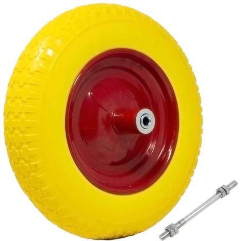 Ruota Piena Antiforatura PU Gialla per Carriola 35cm + Asse Lungo 210mm Acciaio (1/5)