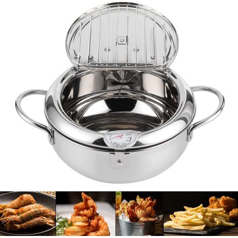 Friteuse Tempura Japonais, 24cm Friteuse Tempura en Acier Inoxydable avec Thermomètre pour Gaz Cuisinière à Induction, Couvercle et égouttoir à Huile pour Poulet Français Poisson Crevettes (1/5)