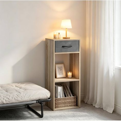 Estantería cúbica 32x30x94.5 cm gris y roble claro en madera engineered con cajón y 2 compartimentos abiertos (1/5)