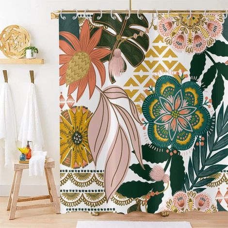 Cortinas de ducha,Mampara de ducha floral bohemia de 180x180 cm,flores bohemias abstractas y hojas tropicales,poliéster impermeable (1/2)