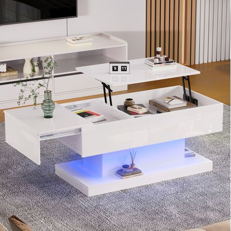 Tisch aus Spanplatte in Weiß Hochglanz 100 cm mit hydraulisch anhebbarer und seitlich verschiebbarer Platte, LED und Stauraum (1/5)
