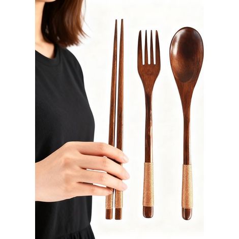 Ensemble de couverts créatifs 4 pièces en bois, avec baguettes, cuillère et fourchette, design naturel, pour repas, sushis et voyage (1/5)