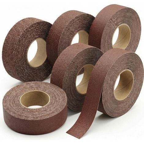 Lot de 6 rouleaux de papier abrasif 2.5 cm x 8 m (grains 80/150/240/320/400/600), idéal pour le polissage du métal, du verre et du bois, avec boîte distributrice. (1/5)