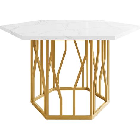 Table à manger hexagonale en MDF effet marbre blanc avec base métallique dorée (1/5)