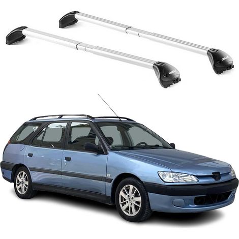 OMAC Barres de toit transversales certifiées TÜV pour Peugeot 206 Break 2001-2009 – Verrouillables (4 antivols) – Charge max 100 kg – Sangle inox + protection caoutchouc Argent (1/4)