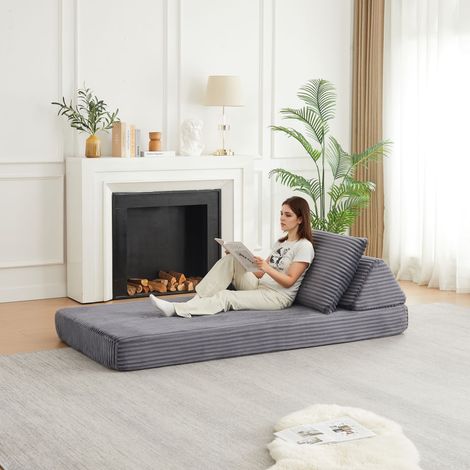 Canapé modulable convertible 211 cm en velours côtelé, dossier triangulaire, accoudoirs amovibles, assise longue multifonction – Gris (1/5)