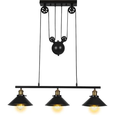Lampe À Suspension Vintage Industrielle Suspension Luminaire Rétro À Poulie Abat-Jour En Métal Noir E27 Pour Cuisine, Bar, Couloir, Salle À Manger (1/5)