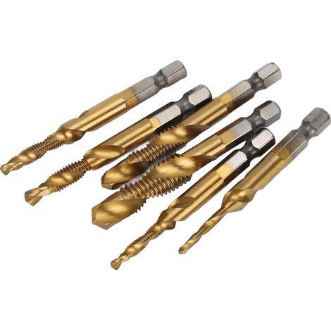 6-teiliges 1/4-Zoll-Sechskant-Spiralbohrer- und Gewindebohrer-Set für Beton, Metall, Bohren, Gewindeschneiden und Fräsen in Titan (1/5)