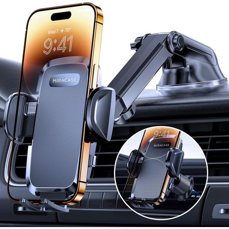 Support Telephone Voiture [Rotation 360°& Ventouse Puissante] Porte Telephone Voiture Grille D'aération & Pare-Brise & Tableau de Bord, Compatible avec Tous Les Smartphones/GPS 4.0''-7.2'' (1/5)