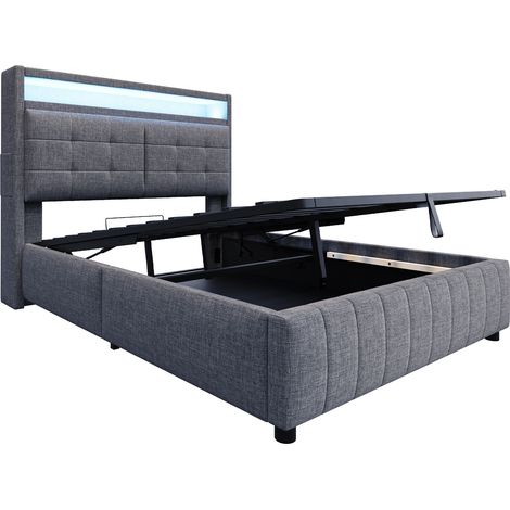 Cama arcón capitoné 140 x 200 cm con LED, USB, almacenaje y somier, gris (1/5)