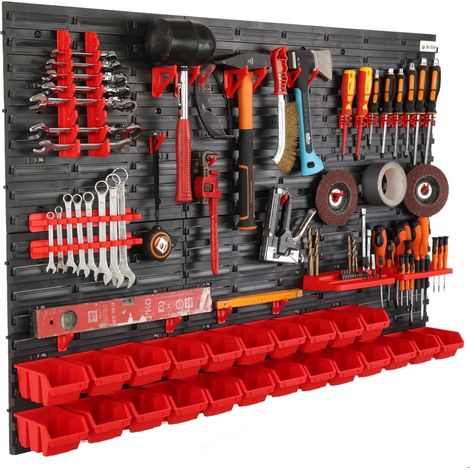Étagère murale à outils, dimensions 200 x 80 cm, 24 compartiments, porte-outils noir/rouge, étagère d'atelier en plastique, système de rangement, étagère à bacs, étagère ultra-résistante, extensible (1/5)