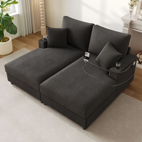 Canapé-lit Double 160x140 cm Canapé Convertible 2 Places avec 2 Coussins, Port USB, Porte-téléphone Réglable - Velours Côtelé Gris (1/5)