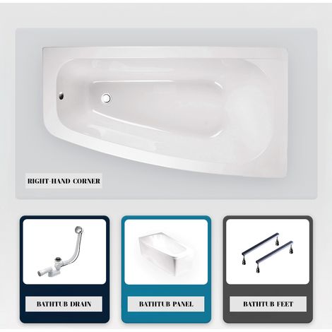 Asymmetrische Badewanne - 150 x 80 cm - Rechts - mit Verkleidung - mit Füßen - Ablaufgarnitur Chrom - LUNA (1/5)