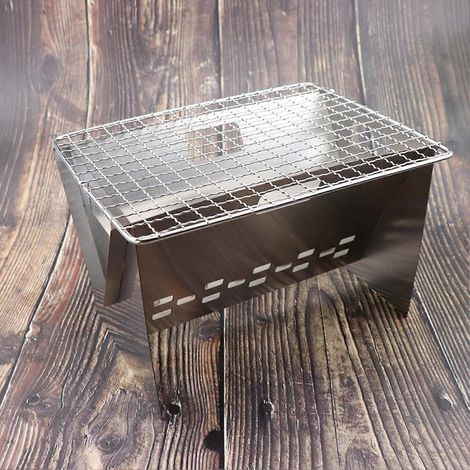 Mini réchaud à bois d'extérieur pour le camping, les pique-niques et les voyages. Réchaud à bois carré en acier inoxydable, pliable, avec barbecue à charbon. (1/5)