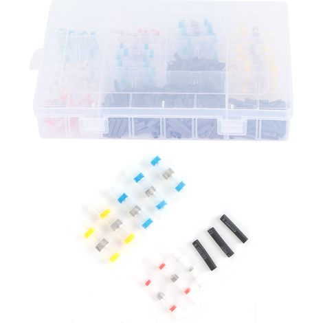 Connecteurs à souder thermorétractables 500 pièces, bagues de soudure : jaune 20, bleu 50, rouge 50, blanc 40 + 340, gaines noires 3x20 mm, livrées avec film bulle. (1/5)