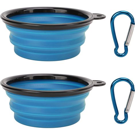 Lot de 2 gamelles pliables en silicone pour chien, contenants pour eau et nourriture, idéales pour les voyages, la randonnée et le camping (bleu). (1/5)