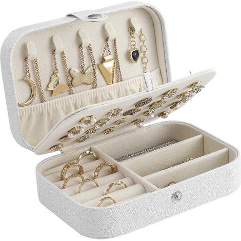Boîte à bijoux de voyage compacte pour colliers, bagues, bracelets et boucles d'oreilles (blanche) (1/4)