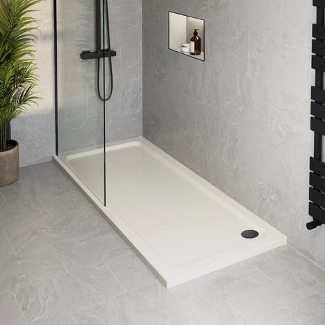 1700 x 700mm Bathroom Non Slip Low Profile Shower Tray for Enclosure Black Waste (1/4)