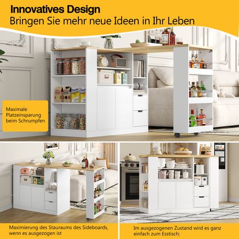 Îlot central de cuisine extensible, meuble de rangement de 115 cm avec étagères latérales et deux tiroirs, espace café, table pliante en bois pour salle à manger et bar domestique (1/5)