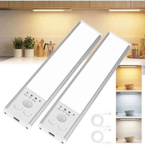 Under Cabinet Kitchen Lights 2 Pack, Wardrobe Lights Motion Sensor Indoor LED Rechargeable, 3 Color Dimmable Magnetic Under Counter Lights, Wireless Battery Powered Strip Light for Pantry Stairs 20cm (1/5)
