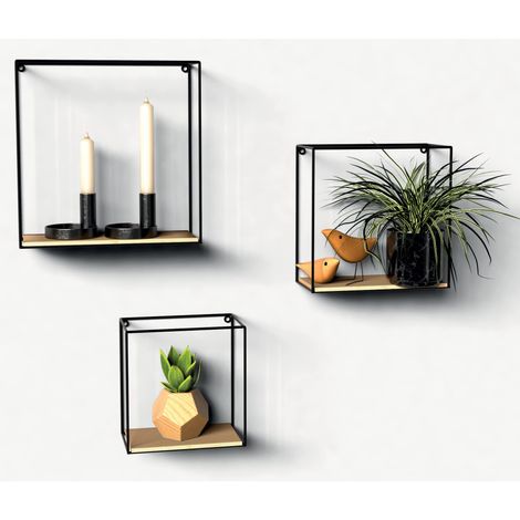 Étagère Murale en Bois Et Métal - Ensemble De 3 Pièces - Dimensions Grande étagère 32x32x12 cm - Etagere Flottante - Decoration Salon, Chambre ou Cuisine (1/5)
