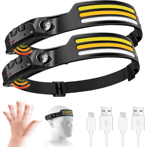 Lampe frontale LED rechargeable 2000 lumens, ultra-lumineuse avec éclairage grand angle de 230°, 3 LED blanches, détecteur de mouvement, résistante à l'eau IPX5 et légère, idéale pour le camping, le j (1/5)