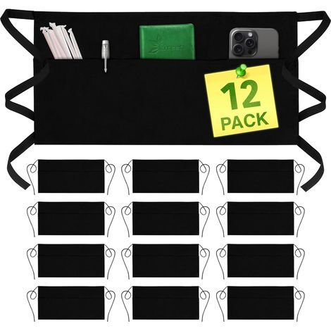 (12er-Pack – Schwarz) Schürzen mit 3 Taschen – Gürtelschürzen, Unisex-Schürzen für Kaffeekellner, wasserdicht, kurz