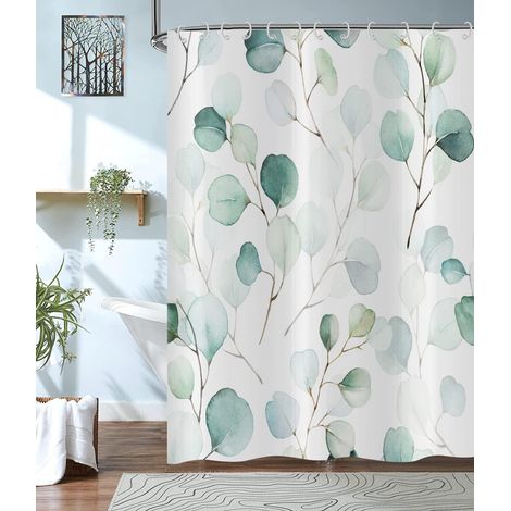 CCYKXA 180x200cm Green Leaves Shower Curtain, Sage Green Eucalyptus Leaves Shower Curtain Watercolor Botanical Plant Bath Curtain Waterproof Polyester Fabric Washable Bath Curtain