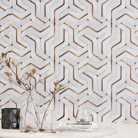 Panneau Mural – Blanc Or Hexagon – Effet Marbre – 250x120x0.3CM