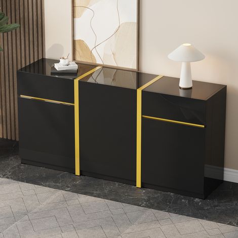 Credenza lucida con 3 ante, 2 cassetti e dettagli dorati, nera, 160x40x78 cm