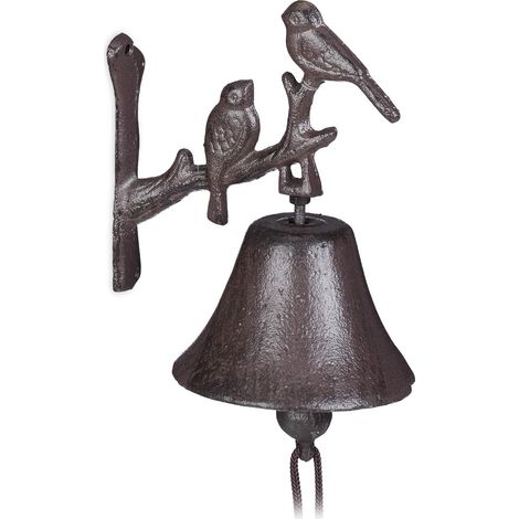 Campanello in ghisa con motivo a uccello, campanello antico da parete, resistente al calore, decorazione da giardino, corda del carillon marrone, marrone (1/4)